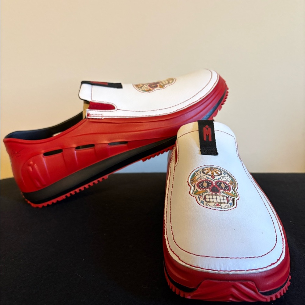 RARE* Men's White & Red sugar skull Slip-On non-slip Work shoes